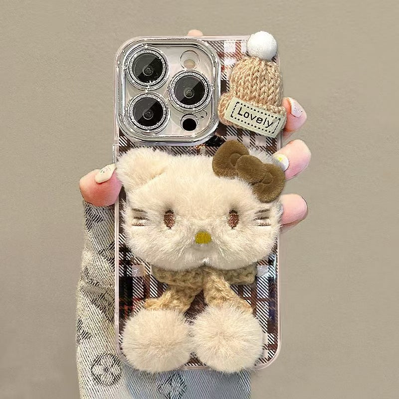Plush Kitty iPhone Case – Coffee Stripes | Ultra-Cute & Shockproof