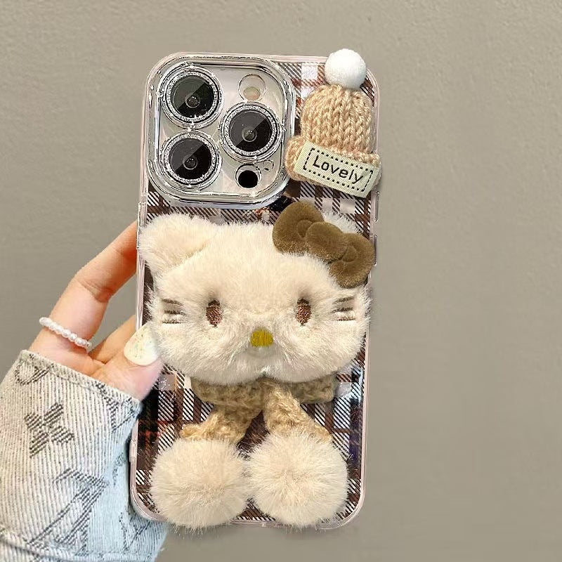 Plush Kitty iPhone Case – Coffee Stripes | Ultra-Cute & Shockproof