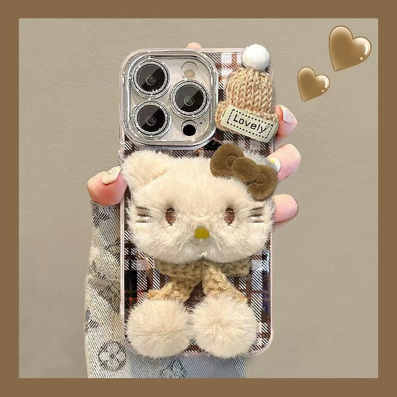 Plush Kitty iPhone Case – Coffee Stripes | Ultra-Cute & Shockproof