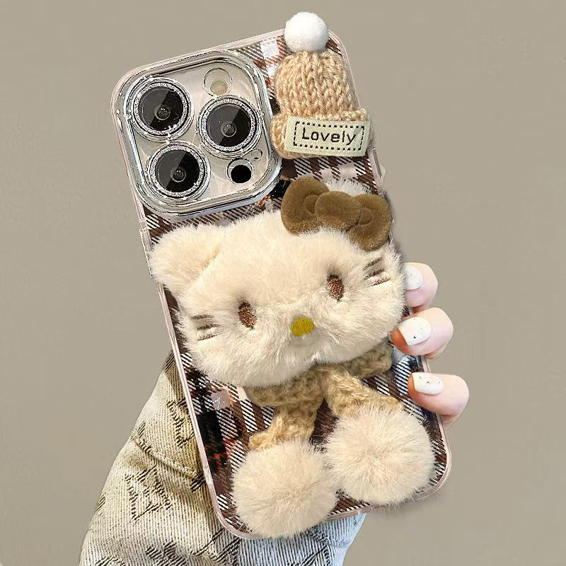 Plush Kitty iPhone Case – Coffee Stripes | Ultra-Cute & Shockproof