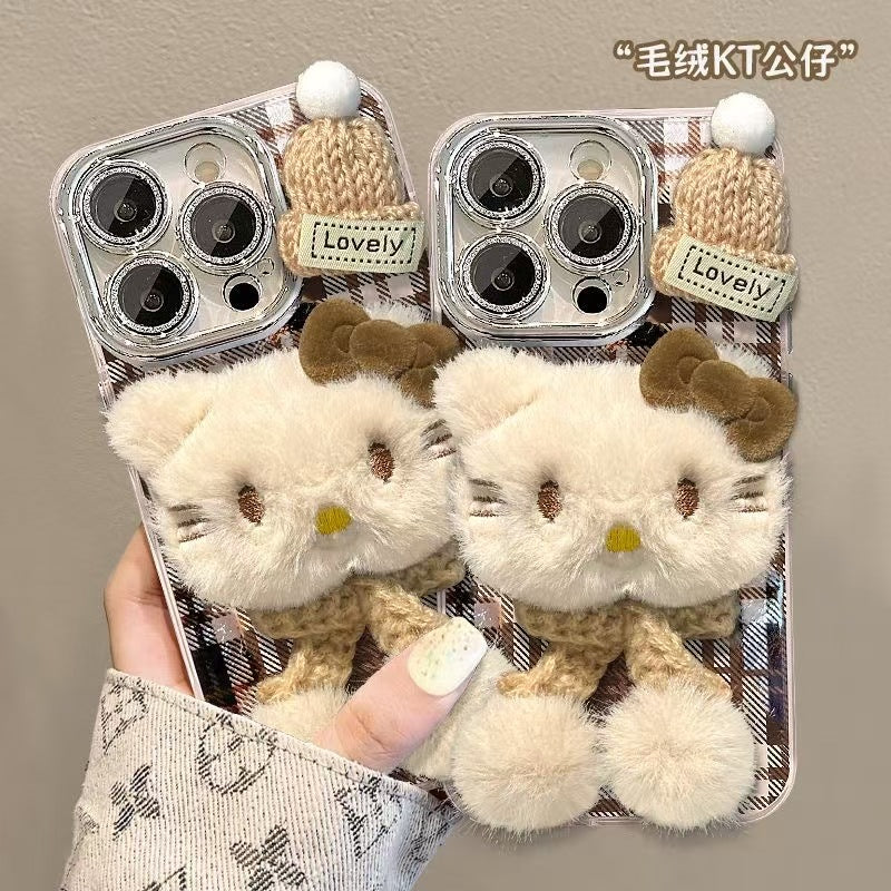Plush Kitty iPhone Case – Coffee Stripes | Ultra-Cute & Shockproof