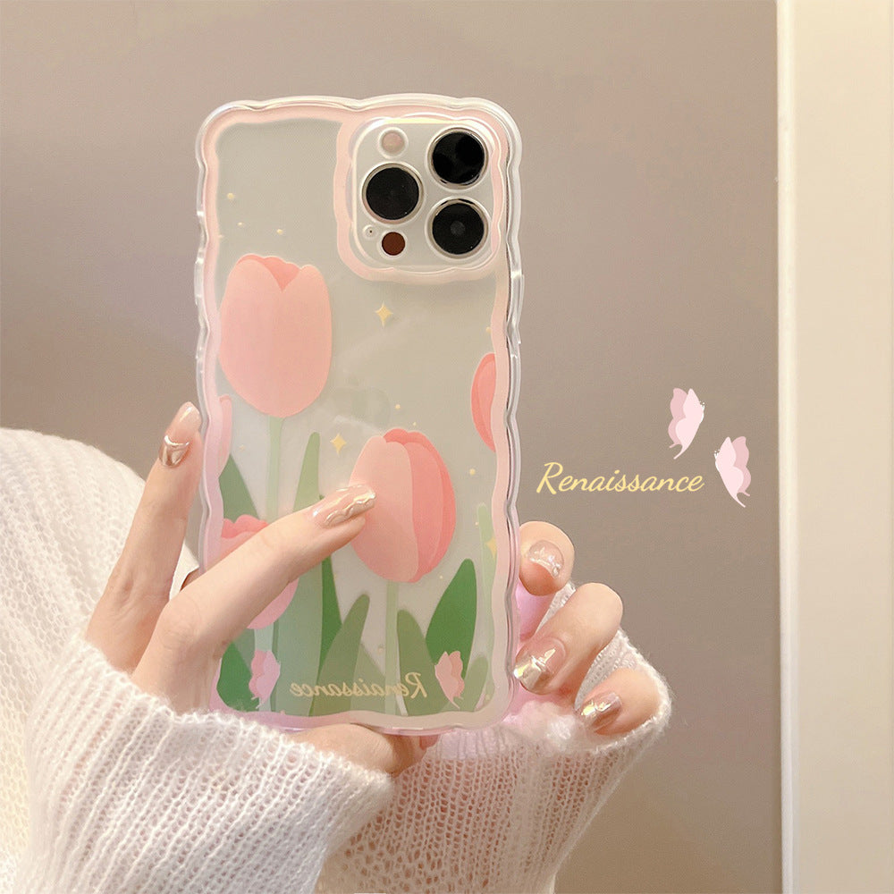 Transparent Pink Tulip Phone Case | Original Design, Raised Camera Protection, 3D Buttons, Cute Aesthetic for iPhone