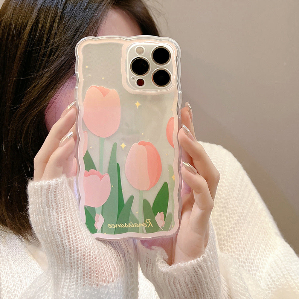 Transparent Pink Tulip Phone Case | Original Design, Raised Camera Protection, 3D Buttons, Cute Aesthetic for iPhone