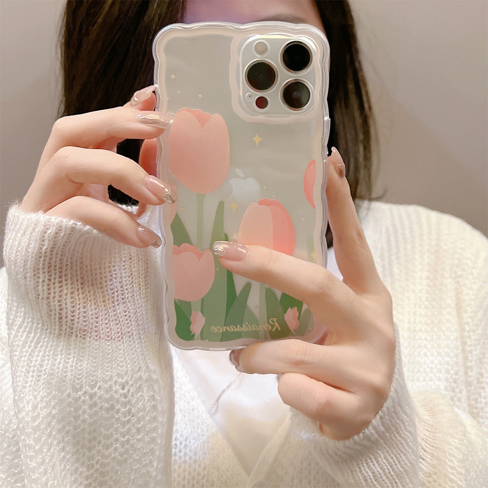 Transparent Pink Tulip Phone Case | Original Design, Raised Camera Protection, 3D Buttons, Cute Aesthetic for iPhone
